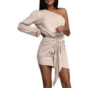 UPPJPBSW Een schouder gerimpelde jurk met strikceintuur, dames lange mouwen, bodycon mini, formeel, cocktail- en avondfeest,Beige,L