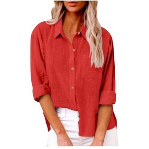 Dames katoenen linnen button-down overhemd 2024 lente casual effen kleur shirts met lange mouwen losse werktops met zakken(Color:Red,Size:5XL)