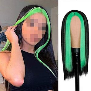 pruik/pruik voor vrouwen Mode Lange Black Straight Hair Pruik Benadrukt Groen Haar Synthetische Pruik for Meisjes met Cosplay Pruik Synthetische pruik (Color : B, Stretched Length : 24inches)