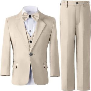 Leader of the Beauty Smokingpakken voor jongens, 3 stuks, slim fit, trouwpak, smoking, blazer, broek, vest, set, Beige, 10 jaar