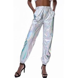 Vrouwen glanzende broek losse holografische kleding zilveren broek dance hiphop punk broek joggingbroek streetwear-Long Trouser,M