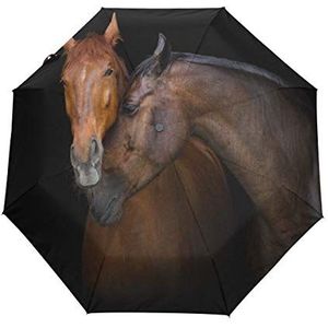 RXYY Aquarel Paarden Zwart Liefde Folds Auto Open Close Paraplu voor Vrouwen Mannen Jongens Meisjes Winddicht Compact Reizen Lichtgewicht Regen Paraplu