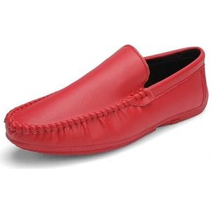 Loafers for heren Effen kleur Ronde neus Kunstleer Loafer Schoenen Antislip Platte hak Flexibele klassieke instapper (Color : Red, Size : 43 EU)