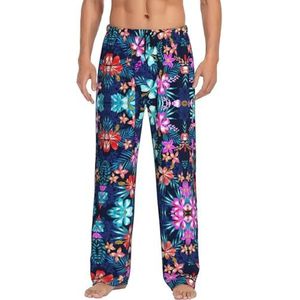 Dexnel Bloemen Blauwe Zachte Pyjama Broek Voor Mannen,Klassieke Slaapbroek Comfortabel, Polyester Pyjama Broek Met Zakken, Zwart, S