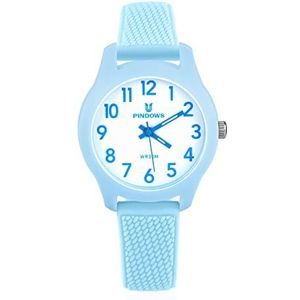 Unisex-kids horloges, analoge klassiek kwarts horloge met rubberen band, 3 atm waterdichte casual horloges, voor 3-12 jaar oud,Light blue