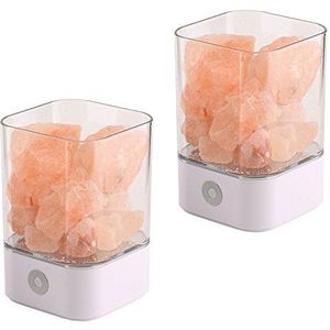 NUZAMAS Set van 2 zoutlampen 5W natuurlijke Himalaya roze kristal therapeutische rots kleine minerale 12V USB licht slaapkamer, kantoor, buiten, camping, yogalamp, meerdere kleuren (vierkant wit)