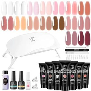 ROSALIND Starterset UV Nagelconstructiegel, Volledige Poly Nagelgelverlenging Kit Met Mini UV-Lamp, Basis- en Topcoat Nagelgel, DIY Nagelkunst, 16Kleuren 10ml Poly Nagelgel Kit Voor Vrouwen
