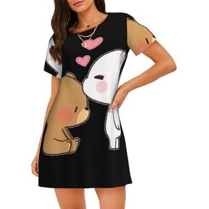 GXUNGT Witte beer bruine beer print dames zomer gewaad, korte mouwen nachtkleding, zacht en comfortabel, voor thuis en buiten, Zwart, S