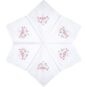 LULUSILK 6 stoffen zakdoeken voor dames, 100% katoen, met roze bloemen borduurwerk en kant en vlinderrand