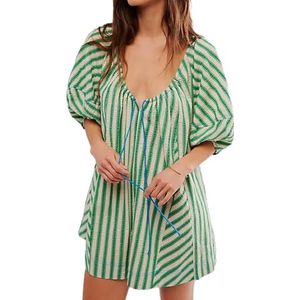 KIKIATA Zomerrompertjes voor dames, casual gestreepte pof, korte mouwen, romperjurk, verstelbare trekkoord, hals, wijde pijpen, oversized jumpsuit met zakken, trendy vakantie-outfits, Groen, M