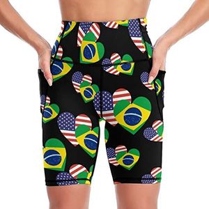 Brazilië Amerikaanse hart vlag vrouwen yoga biker shorts hoge taille workout broek met zakken