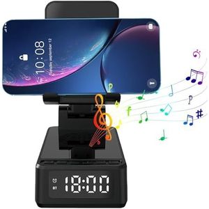 BORDEAG Draadloze oplaadstandaard, 3-in-1 inductief laadstation, bluetooth audio powerbankhouder, mobiele telefoonstandaard met draadloze Bluetooth, mobiele telefoonstandaard met wekker, digitale klok