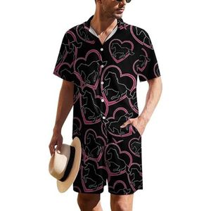 Galopperend paard met hart voor heren, Hawaïaans pak, set van 2 stuks, strandoutfit, shirt en korte broek, bijpassende set