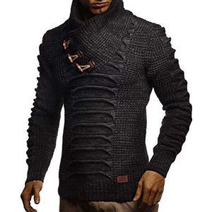 Leif Nelson Heren pullover gebreide trui sjaalkraag slim fit mannen zwarte trui voor de winter lange mouwen hoodie-wollen trui LN5575, zwart antraciet, M