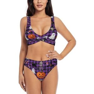 Zelinge Bikinitop met wikkelvoorkant en hoge taille onderaan, zomerzwempak met hoge taille, S-2XL, Halloween Paars Plaid Skelet Katten, S