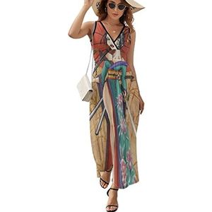 Japanse Geisha casual maxi-jurk voor dames, V-hals, zomerjurk, mouwloos, strandjurk, XL