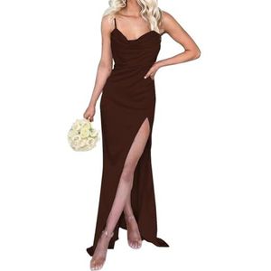 WSEYU Lange bruidsmeisjesjurk met ronde hals en split en spaghettibandjes, zeemeermin-galajurk, formele jurk voor bruiloft, Bruin, 56 NL/Plus