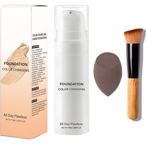 Temperatuurveranderende Foundation, Kleurveranderende Foundationbasis, Huidskleur Aanpassende Crème Volledige Dekking, Langdurige Waterproof, Met Make-Upkwasten En Puff (Huid, 1Set)