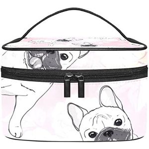 Witte mopshond hond patroon roze achtergrond make-up organizer tas, reizen make-up tas organizer case draagbare cosmetische tas voor vrouwen en meisjes toiletartikelen, Meerkleurig, 22.5x15x13.8cm/8.9x5.9x5.4in