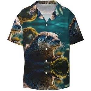 Dier Leuke Bruine Otters Print Heren Jurk Shirts Casual Button Down Korte Mouw Zomer Strand Shirt Vakantie Shirts, Zwart, M