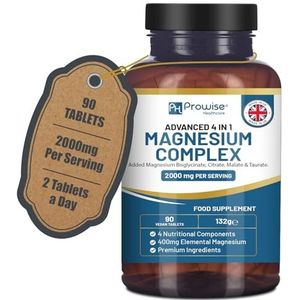 Prowise Magnesiumglycinaat-complex, 4-in-1, 2000 mg per portie, nauwkeurige 400 mg dosis elementair magnesium, met magnesiumbisglycinaat, citraat, malaat en tauraat, 90 veganistische tabletten