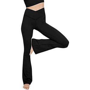 BRONG Dames Casual Yoga Broek V Crossover Hoge Taille Bootcut Broek Flare Workout Broek, Zwart, S