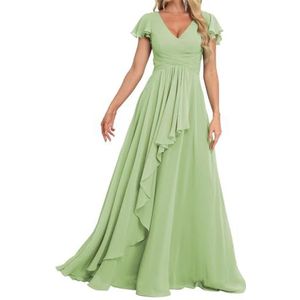 Prinses Bruidsmeisjes Jurken Flutter Mouw Galajurken Chiffon Formele Avondfeest Maxi Jurk met Split ZM189, Salie Groen C, 32