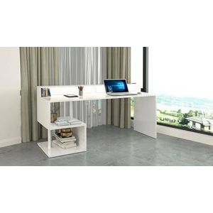 Dmora Alban, lineair bureau met planken en ledlampen, multifunctioneel bureau met opzetstuk, 180 x 92,5 x 60 cm, wit, eiken