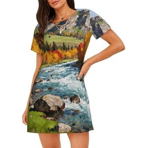 Zelinge Cartoon Vrouwen Nachtjaponnen Nachtshirt Sleepshirts Comfy Loungewear S-3XL, Herfst Rivier Scene Groen, S