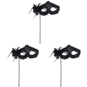 WAKMILER Maskerade Masker voor Vrouwen Zwart Kant Sluier Doorschijnend Half Gezichtsmasker Half-Gezichtsmaskers Oogmasker op Stok met Zijveer Bloem met Stok Mardi gras Zwarte Maskers met Bloem 3 stuks