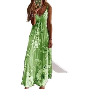 GCYEIDMA Strandjurken voor vrouwen lente zomerjurk vrouwen groene bloemenprint V-hals lange jurken casual mouwloze vrouwen strand party jurk cover ups voor vrouwen strandkleding, Groen, XL