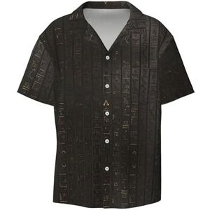 OdDdot Oude Egyptische hiërogliefenprint herenoverhemden atletisch slim fit korte mouw casual zakelijk overhemd met knopen, Zwart, XL