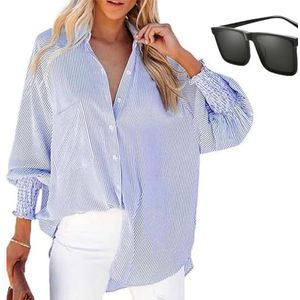 Whimsyard Aviationp halflange gesmokt overhemd met gestreepte revers en oversized pull-down mouwen, gestreept overhemd met knoopsluiting en ruches blouses lange mouwen dames, Blauw, XXL