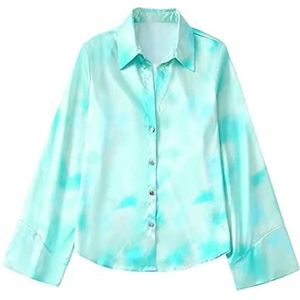 HJUGHPN Dames Blouses Tie Dye Shirt Vrouwen Lange Mouw Knop Shirts Vrouw Kleding Blouses Tops, Blauw, L