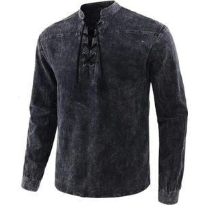 OHXSM Heren trekkoord vetersluiting middeleeuws sweatshirt met lange mouwen pullover heren casual shirt lange mouwen vetersluiting shirt heren middeleeuws renaissance shirt opstaande kraag lange