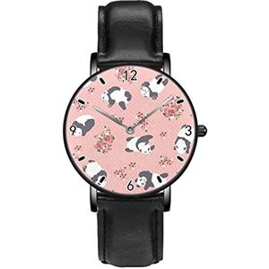 Leuke Panda Anf Bloem Persoonlijkheid Business Casual Horloges Mannen Vrouwen Quartz Analoge Horloges, Zwart