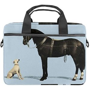 Zwart Paard En Een Witte Hond Laptop Schouder Messenger Bag Crossbody Aktetas Messenger Sleeve Voor 13 13.3 14.5 Inch Laptop Tablet Beschermen Tote Bag Case, Meerkleurig, 11x14.5x1.2in /28x36.8x3 cm