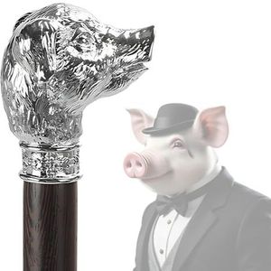 Wandelstok van Massief Hout In de Vorm Van Een Dier voor Mannen en Vrouwen, Gotische Decoratieve, Sierlijke Metalen Wandelstok met Ergonomisch Handvat voor Senioren(Pig)