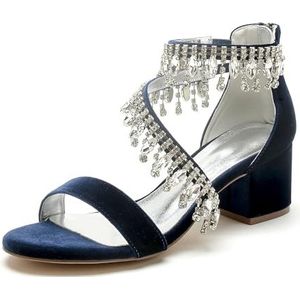 KYEGLO Dames Sandalen Met Ronde Neus, Blokhak En Ritssluiting, Satijnen Hakken Met Strass Steentjes En Enkelbandjes, Comfortabele Schoenen Voor Wandelen En Dagelijks Gebruik,Darkblue,36 EU