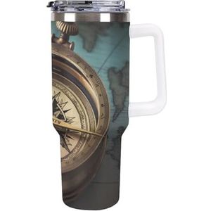 RTFGHJS 40 oz Tumbler Oude Kompas Geïsoleerde Tumbler Reiskoffiemok met Rietjesdeksel Roestvrijstalen Waterfles Vacuüm Geïsoleerde Tumbler voor Sport Werk Auto Reizen Weekends
