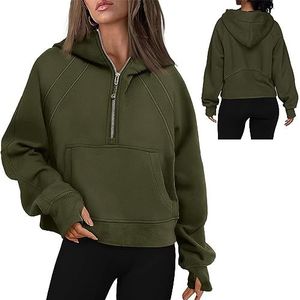 Vrouwen Cropped Hoodies Kwart Half Zip Cropped Hoodies Sweatshirts Zip Up Pullover Sweaters Duim Gat Workout Hoodie Zip Up (Color : Armygreen, Size : XL)