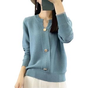 Dames V-hals Wolmix Trui, Knoopversiering Trui Zachte Casual Gebreide Top(Blue,XL)
