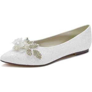 GHSIRUEU Goud Flats Schoenen Vrouwen Glitter Rhinestone Wedding Flats Puntige Teen Slip op Comfortabele Jurk Flats Schoenen voor Dame,Wit,40 EU