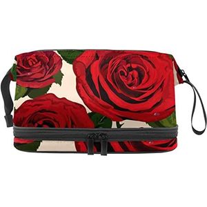 Grote capaciteit reizen cosmetische tas,Retro liefde rode roos bloem patroon, make-up tas, waterdichte make-up tas organisator, Meerkleurig, 27x15x14 cm/10.6x5.9x5.5 in