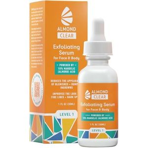 Almond Clear Serum voor gezicht en lichaam, niveau 1 voor acne, folliculitis, verouderde huid, ingegroeide haren, donkere vlekken - 300 ml