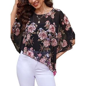 dames topjes Blouse met asymmetrische zoom en vleermuismouwen met bloemenprint (Color : Multicolore, Size : Small)