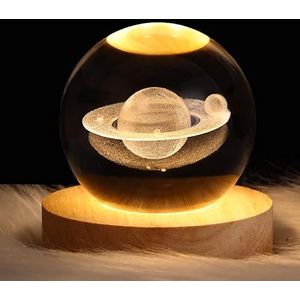 DRYFAL Kristallen nachtlamp in 3D-bolvorm, Saturnus, nachtlampje voor kinderen, glazen bal, nachtlamp met houten basis, fantasiedecoratie, led, sterrenstelsel, planeet, cadeau, slaapkamerversiering