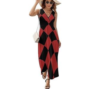 Rode en zwarte vierkanten casual maxi-jurk voor vrouwen V-hals zomerjurk mouwloze strandjurk L