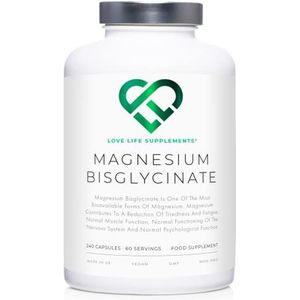 LLS Magnesium Bisginaat (Chelated) | Zero Bulking Agente | 2500mg (250mg Magnesium) | 240 Capsules / 60 Sporties | Zeer bio-beschikbare vorm van magnesium | Gefabriceerd in het Verenigd Koninkrijk onder BRC-certificering | Love Life Supplements - ""Live Healthy, Love Life