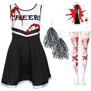 REDSTAR Zombie-cheerleaderkostuum, voor meisjes, leuk, verkleden, kostuum, bloedspetters, panty, dood, outfit, kinderen, school, feestje, met tube nepbloed (10-12 jaar, zwart)